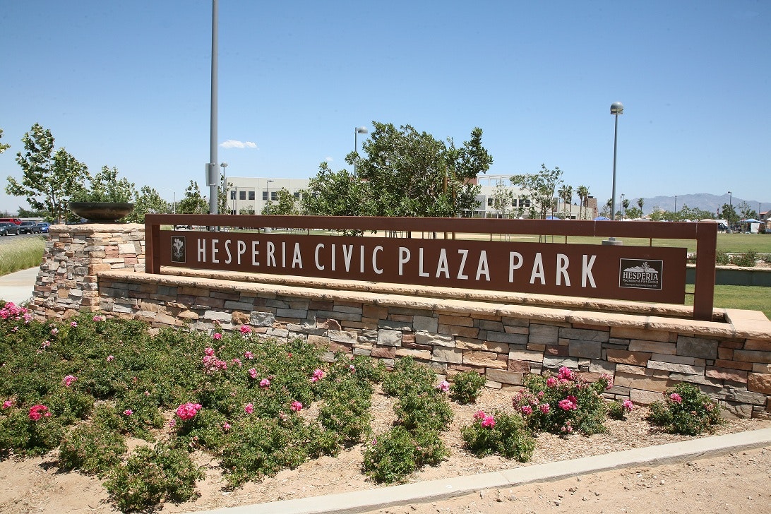 Sign that reads "Hesperia Civic Plaza Park"
