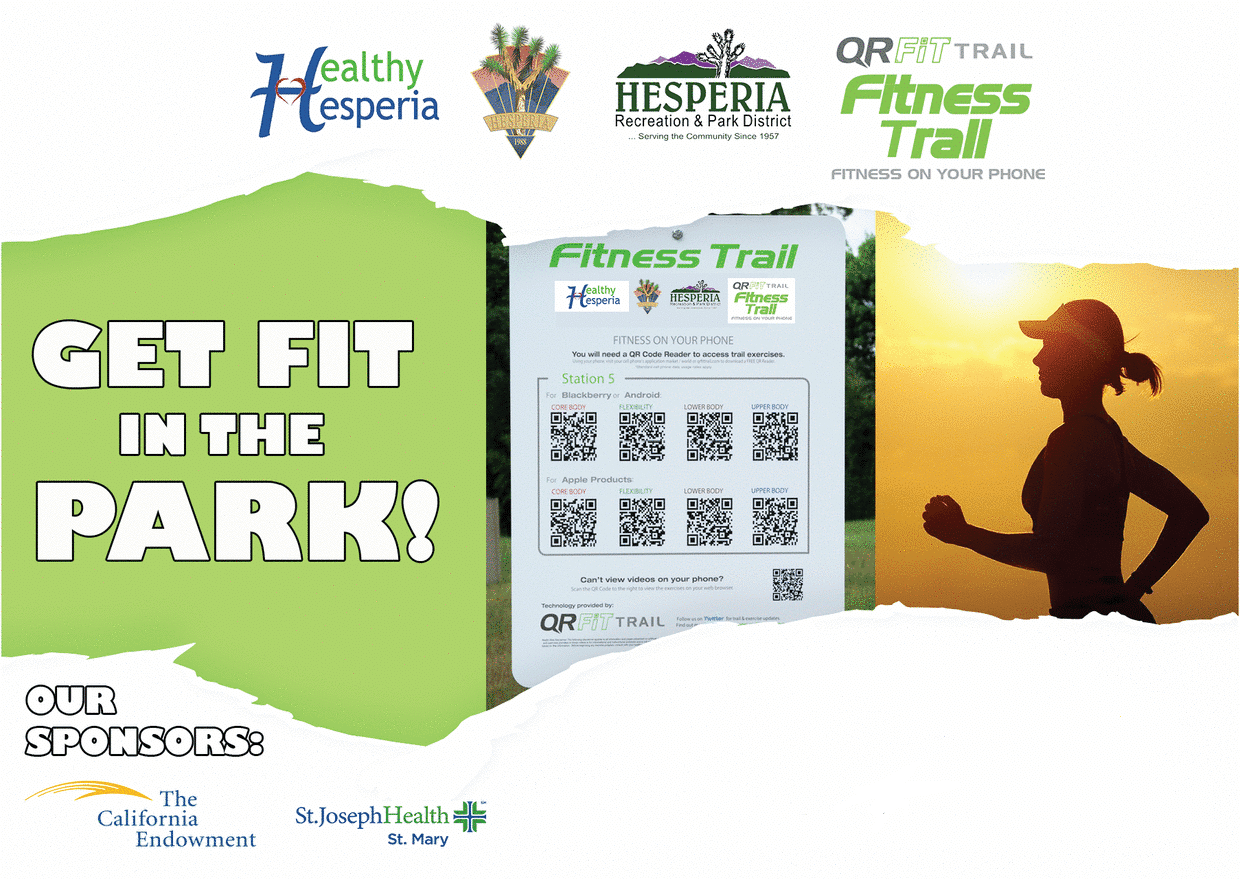 QR Fit Trail, event erased Inforgraphic: Healthy Hesperia sponsors include The California Endowment and St. Joseph Health St. Mary.